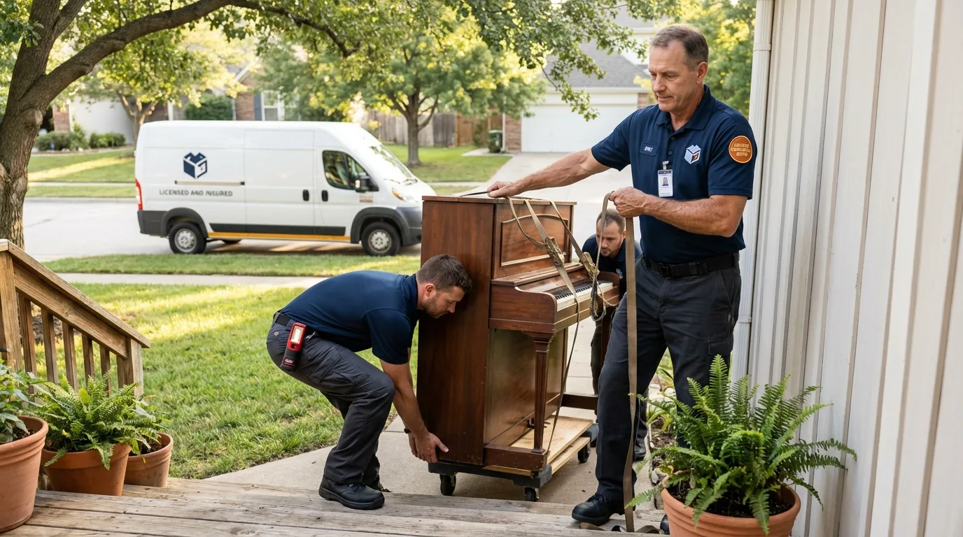 Licensed piano movers securing grand piano in Forks, WA