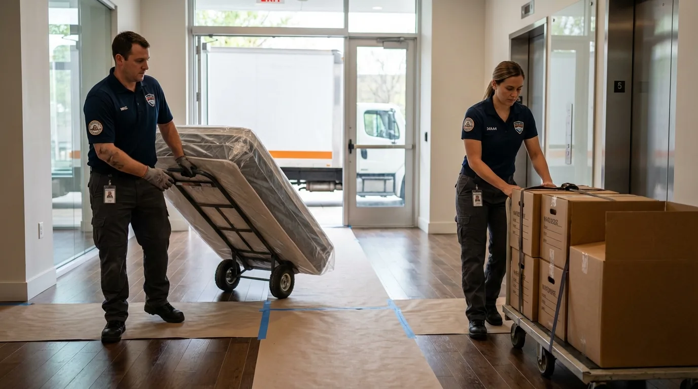 Professional apartment movers loading elevator in Forks, WA